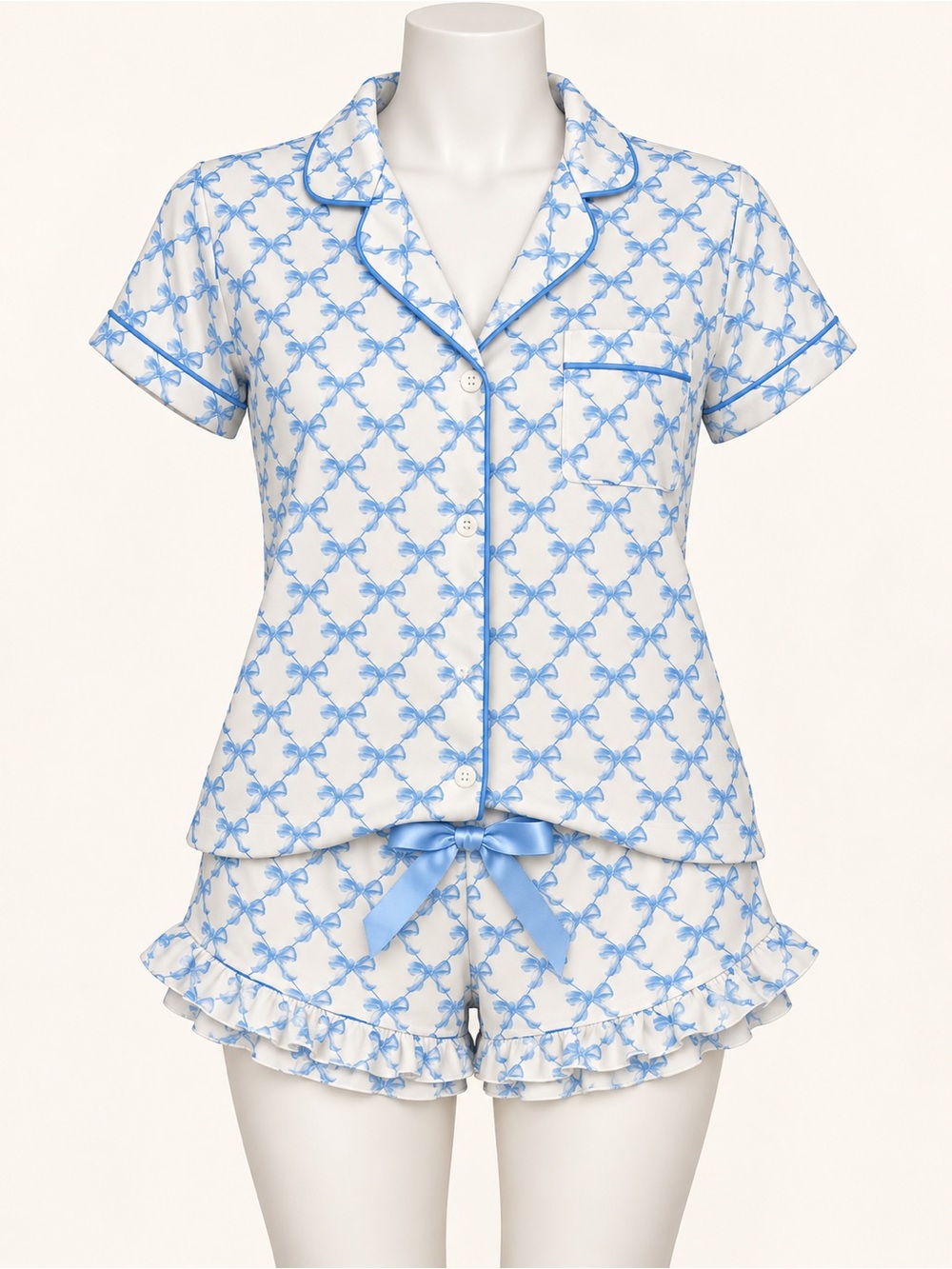 Short-Sleeve Two-Piece Pajama Set with Blue Bow Print